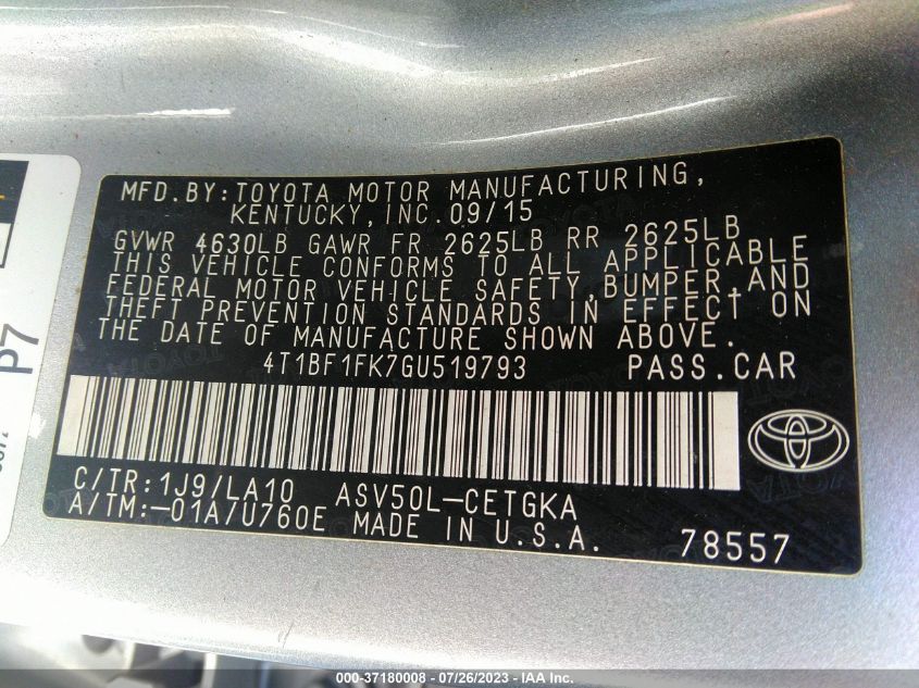 2016 TOYOTA CAMRY XLE/SE/LE/XSE - 4T1BF1FK7GU519793