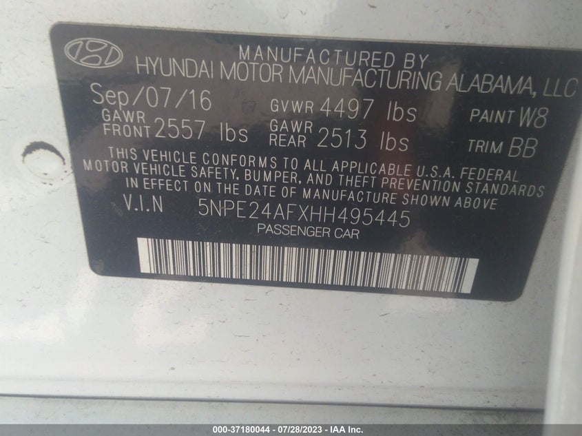 VIN 5NPE24AFXHH495445 2017 HYUNDAI SONATA SE