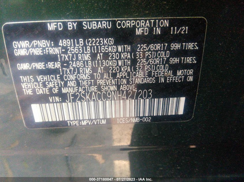 2022 SUBARU FORESTER - JF2SKACC9NH427203