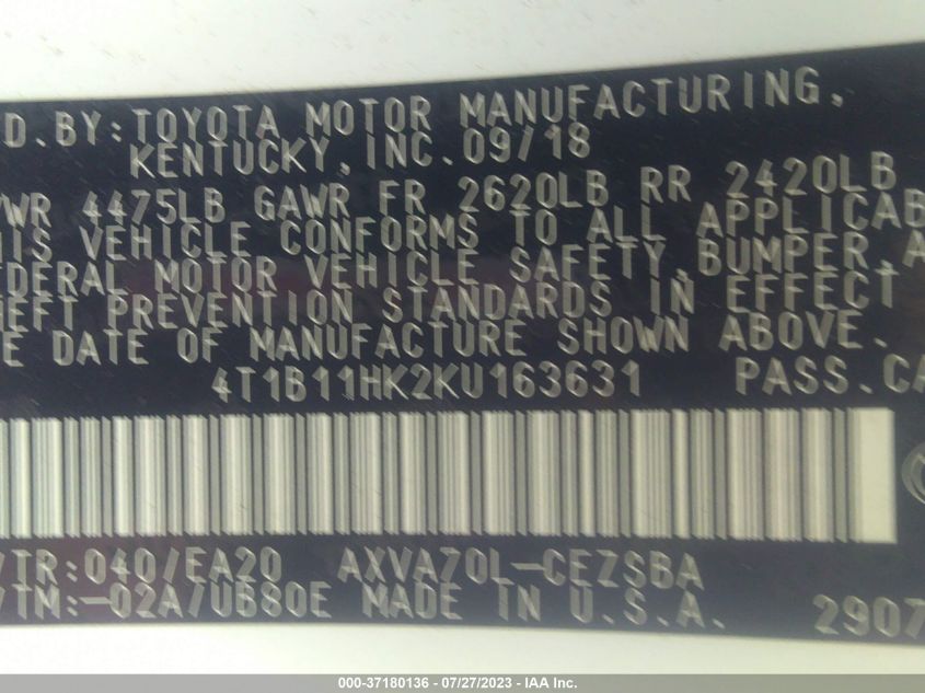 2019 TOYOTA CAMRY LE/SE/XLE/L - 4T1B11HK2KU163631