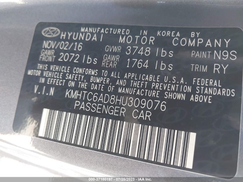 2017 HYUNDAI VELOSTER - KMHTC6AD8HU309076