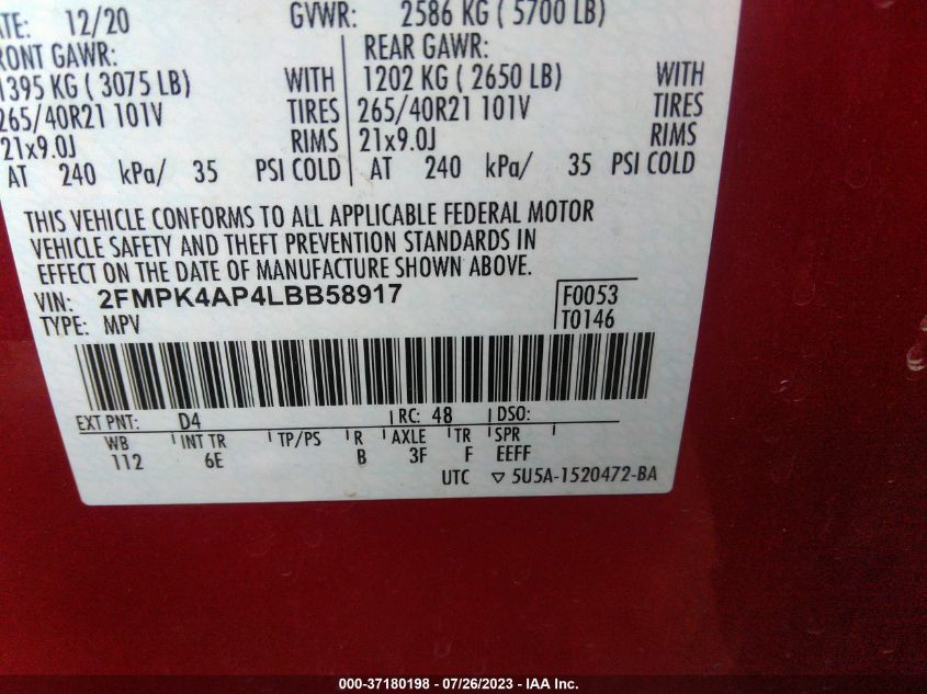 VIN 2FMPK4AP4LBB58917 2020 FORD EDGE ST
