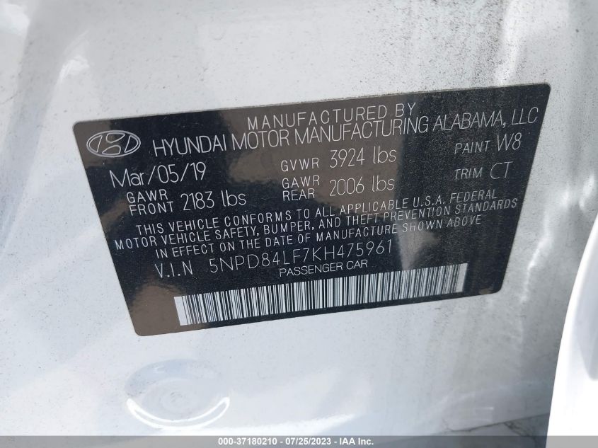 2019 HYUNDAI ELANTRA SEL - 5NPD84LF7KH475961
