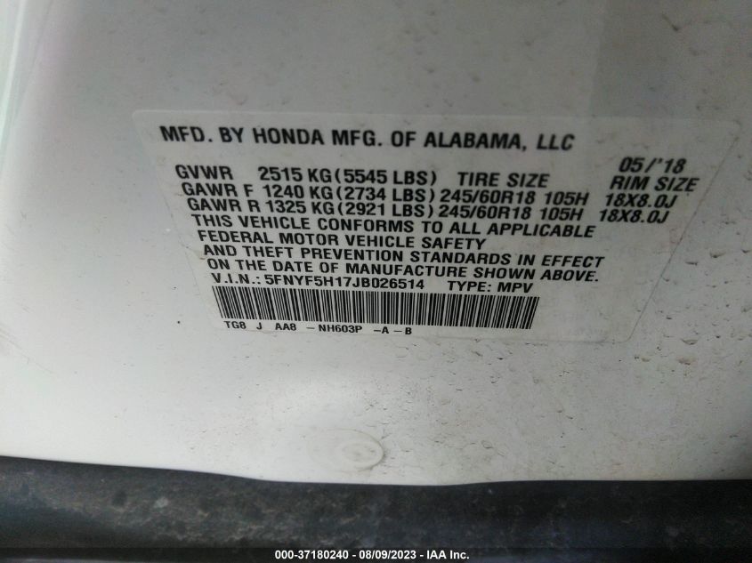 2018 HONDA PILOT LX - 5FNYF5H17JB026514