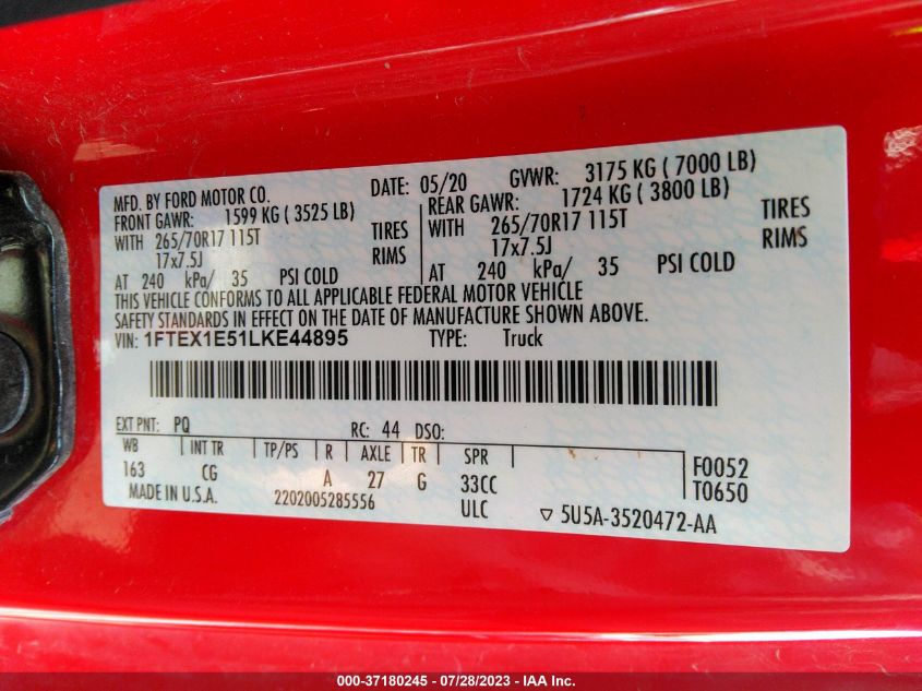 VIN 1FTEX1E51LKE44895 2020 FORD F-150 XL/XLT/LARIAT