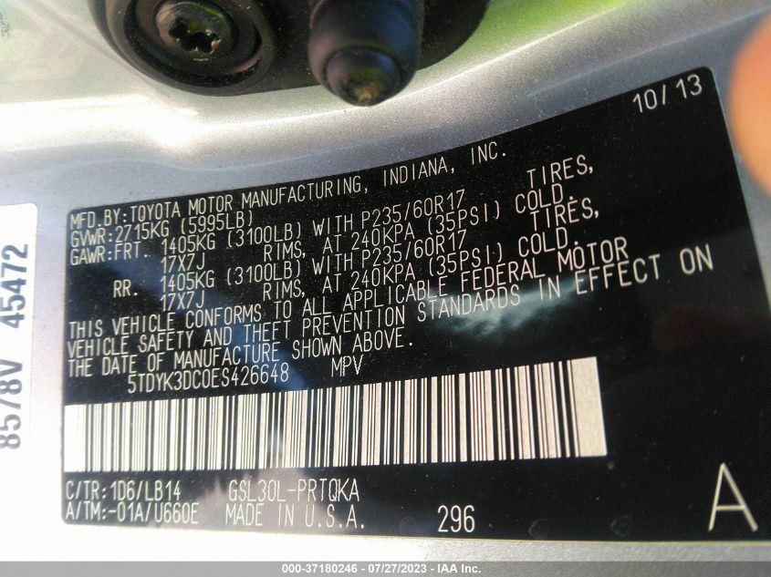 2014 TOYOTA SIENNA XLE/XLE AAS/LTD - 5TDYK3DC0ES426648