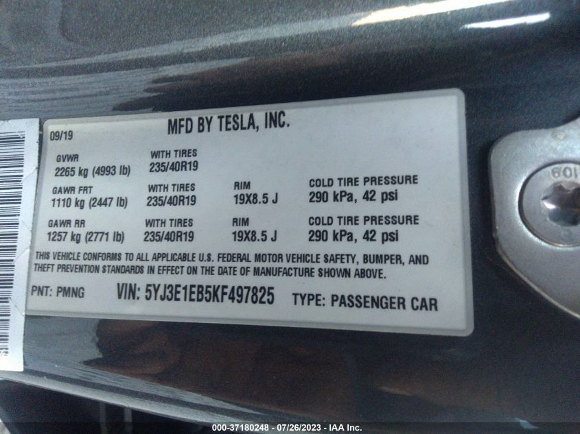 VIN 5YJ3E1EB5KF497825 2019 TESLA MODEL 3 LONG RANGE/PERFORMANCE