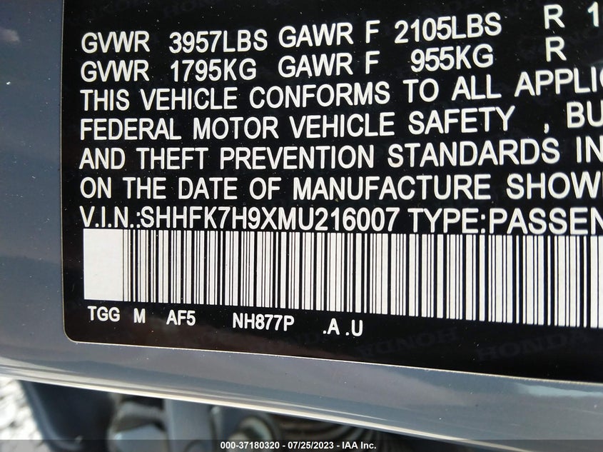VIN SHHFK7H9XMU216007 2021 HONDA CIVIC HATCHBACK SPORT TOURING