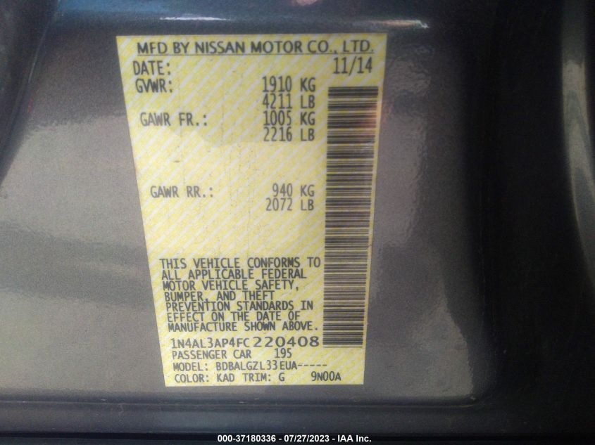 2015 NISSAN ALTIMA 2.5 S - 1N4AL3AP4FC220408