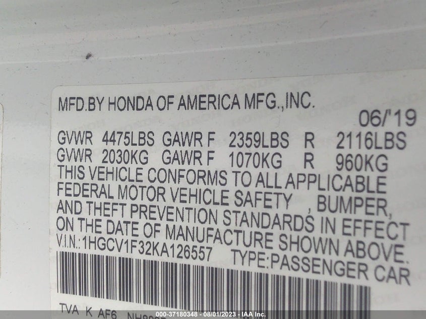 VIN 1HGCV1F32KA126557 2019 HONDA ACCORD SEDAN SPORT 1.5T