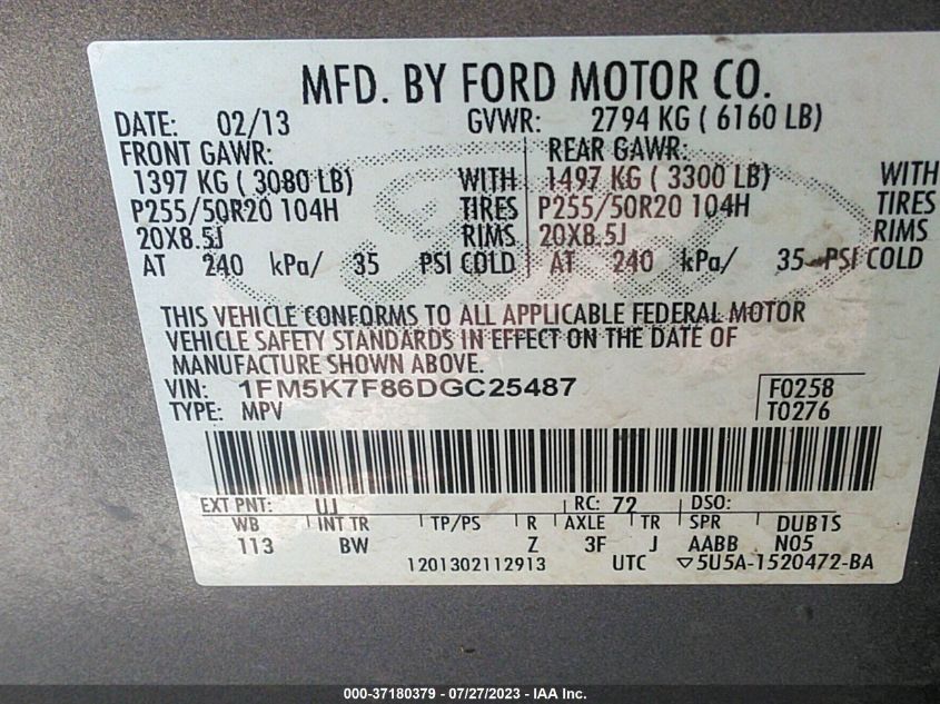2013 FORD EXPLORER LIMITED - 1FM5K7F86DGC25487