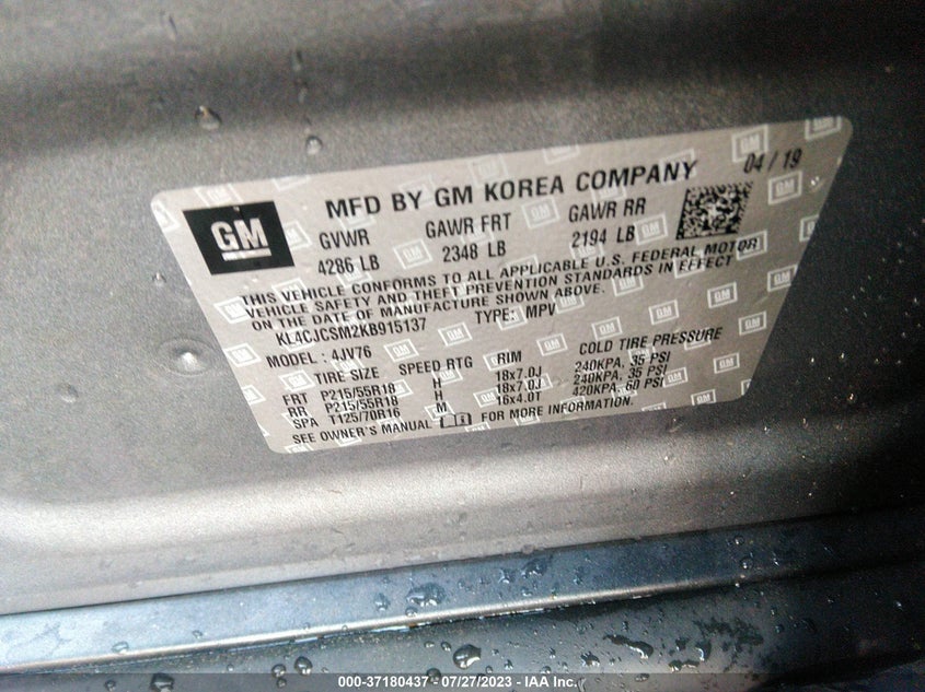 VIN KL4CJCSM2KB915137 2019 BUICK ENCORE ESSENCE
