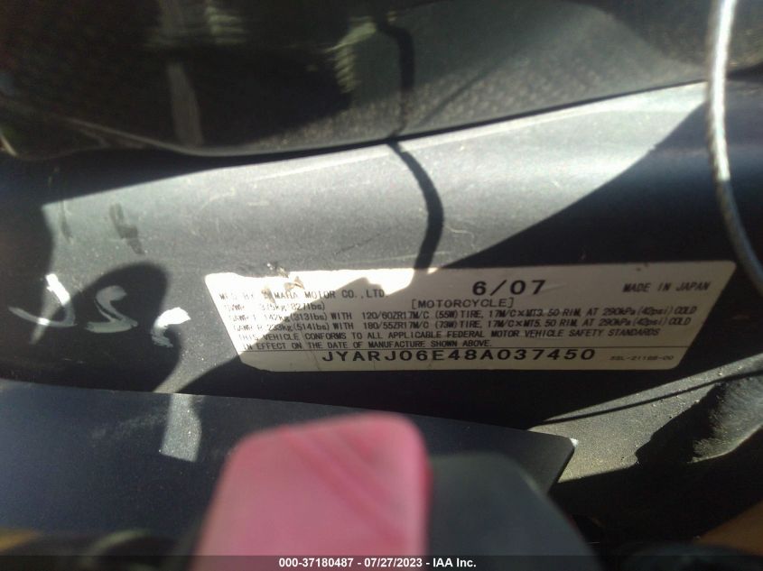 2008 YAMAHA YZFR6 S JYARJ06E48A037450