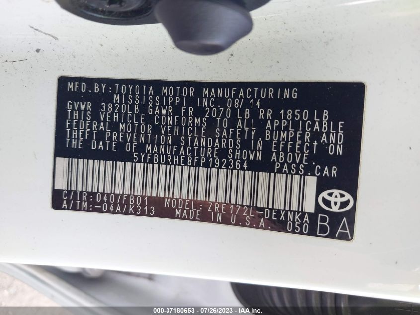 2015 TOYOTA COROLLA L/LE/S/S PLUS/LE PLUS - 5YFBURHE8FP192364