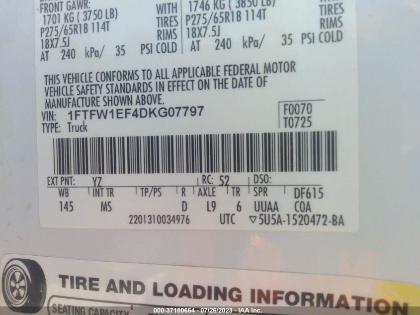 2013 FORD F-150 XL/XLT/FX4/LARIAT - 1FTFW1EF4DKG07797