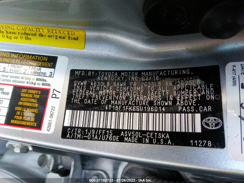 2016 TOYOTA CAMRY XLE/SE/LE/XSE - 4T1BF1FK6GU196014