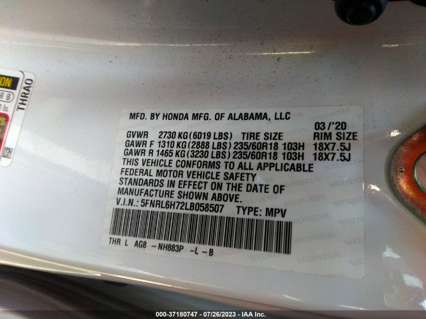 2020 HONDA ODYSSEY EX-L - 5FNRL6H72LB058507