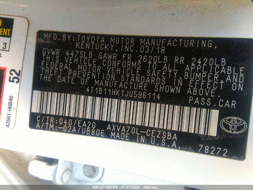 2018 TOYOTA CAMRY LE/SE/XLE/L - 4T1B11HK1JU596114