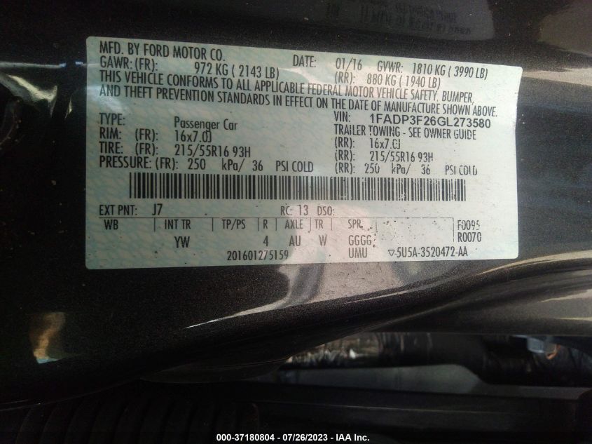 2016 FORD FOCUS SE - 1FADP3F26GL273580
