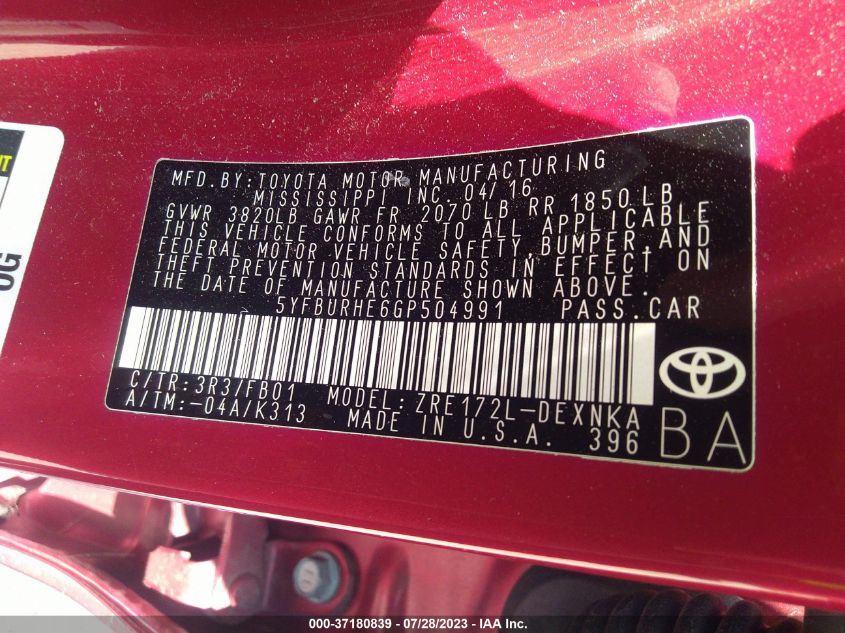 2016 TOYOTA COROLLA L/LE/S/S PLUS/LE PLUS - 5YFBURHE6GP504991
