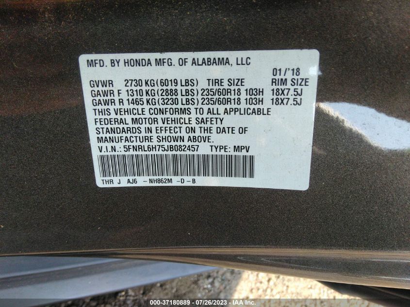 2018 HONDA ODYSSEY EX-L - 5FNRL6H75JB082457