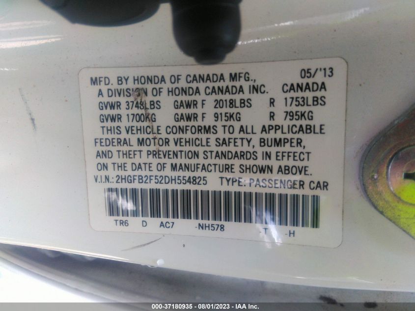 2013 HONDA CIVIC SDN LX - 2HGFB2F52DH554825