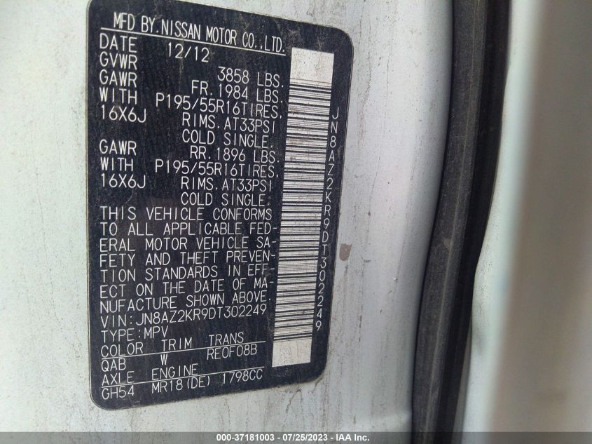 2013 NISSAN CUBE SL JN8AZ2KR9DT302249