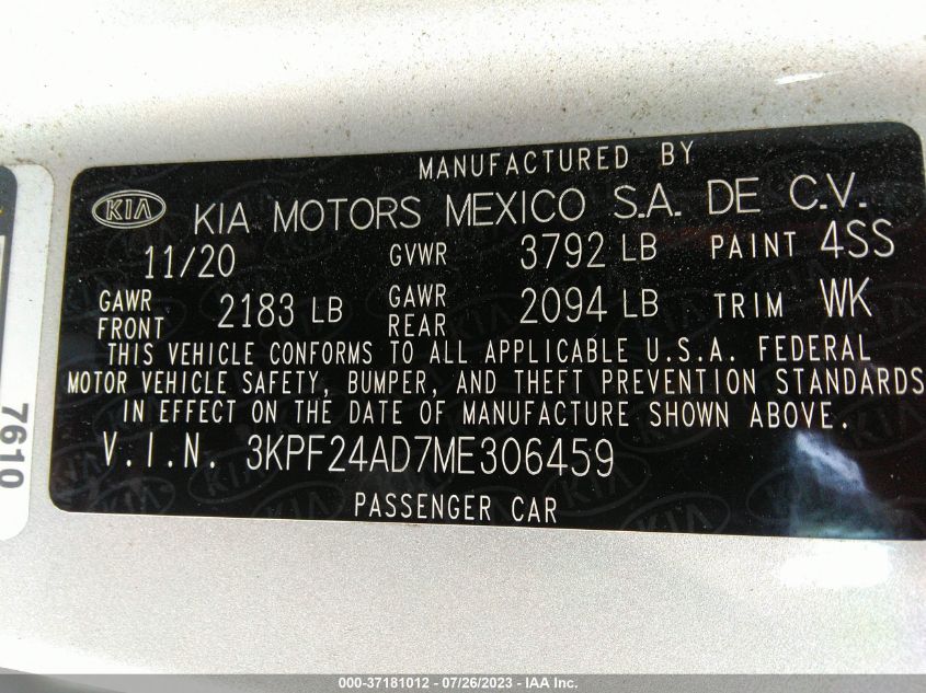 2021 KIA FORTE LXS - 3KPF24AD7ME306459