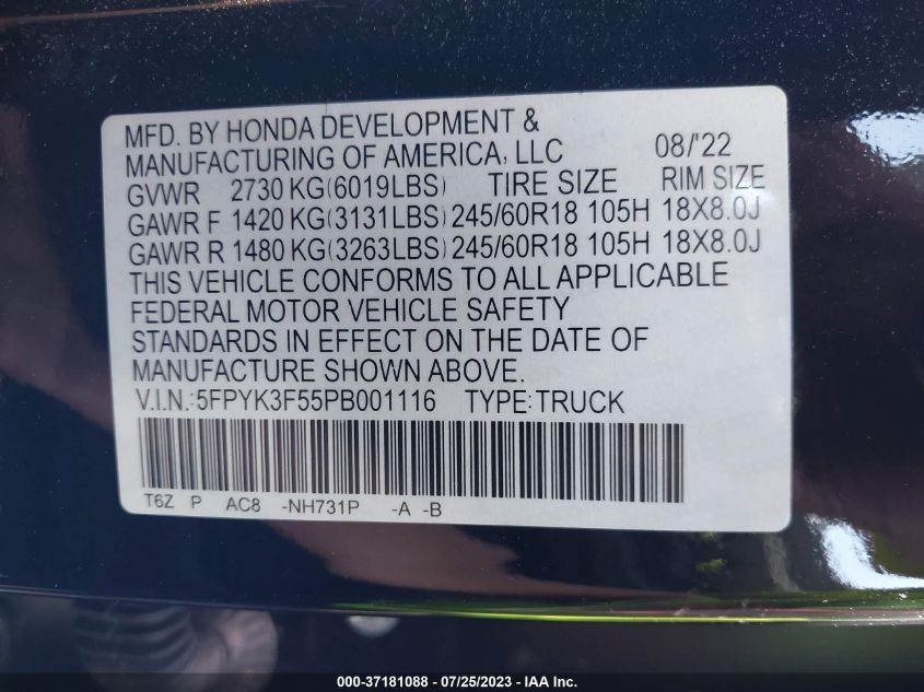 2023 HONDA RIDGELINE RTL - 5FPYK3F55PB001116