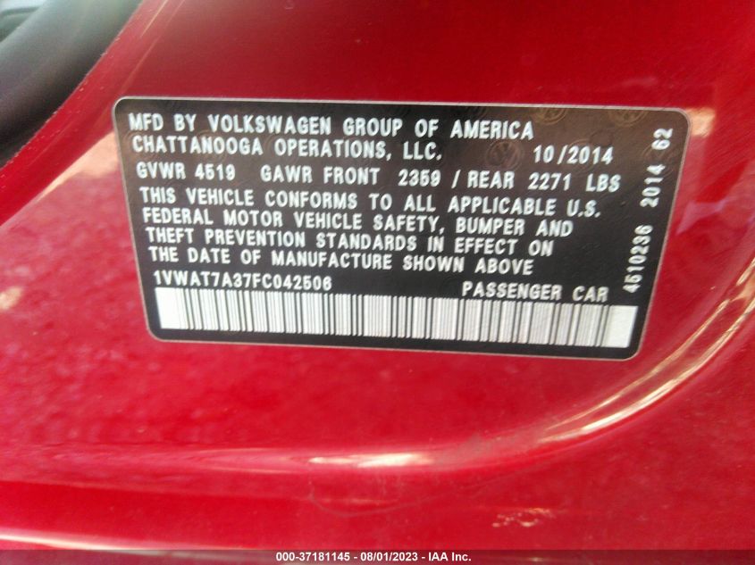 2015 VOLKSWAGEN PASSAT S - 1VWAT7A37FT042506
