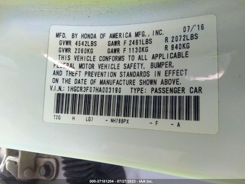 2017 HONDA ACCORD SEDAN EX-L V6 - 1HGCR3F07HA003190