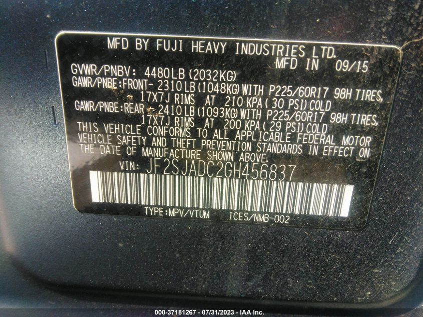 2016 SUBARU FORESTER 2.5I PREMIUM - JF2SJADC2GH456837