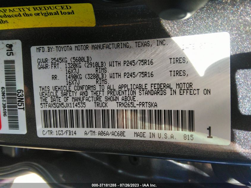 2018 TOYOTA TACOMA SR/SR5 - 5TFAX5GN5JX114535