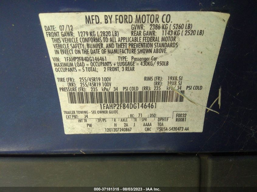 2013 FORD TAURUS LIMITED - 1FAHP2F84DG146461