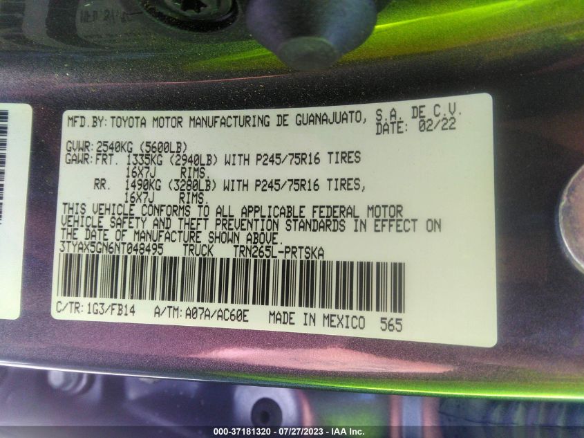 2022 TOYOTA TACOMA 2WD SR/SR5 - 3TYAX5GN6NT048495