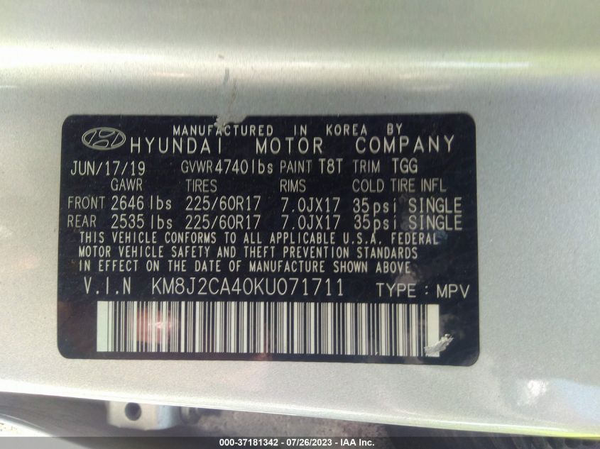2019 HYUNDAI TUCSON SE - KM8J2CA40KU071711