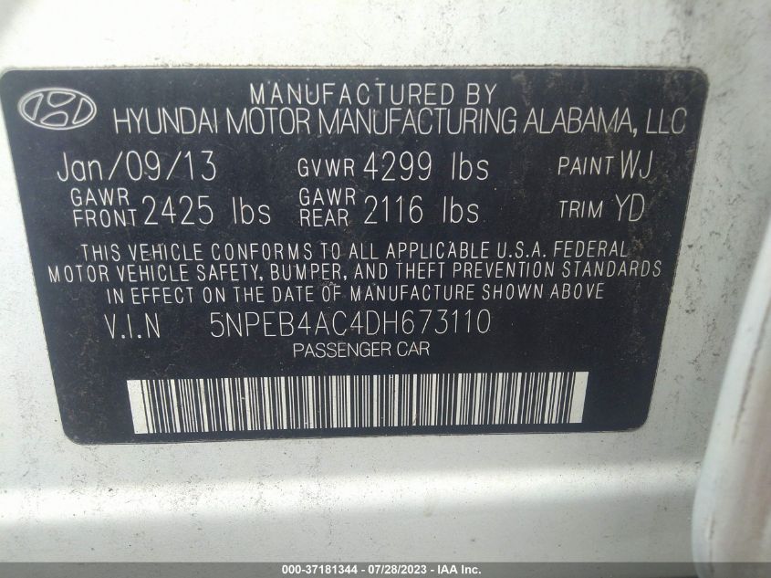 2013 HYUNDAI SONATA GLS PZEV - 5NPEB4AC4DH673110