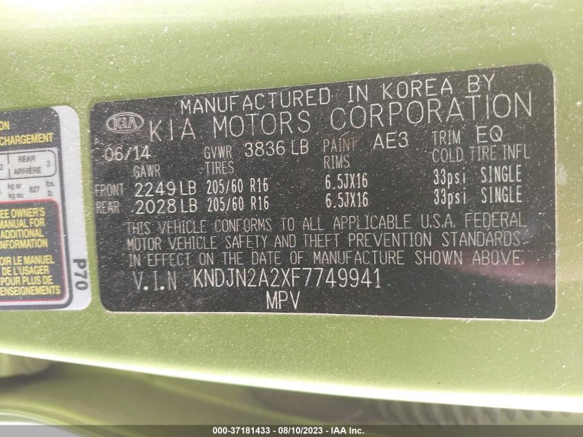 2015 KIA SOUL BASE - KNDJN2A2XF7749941