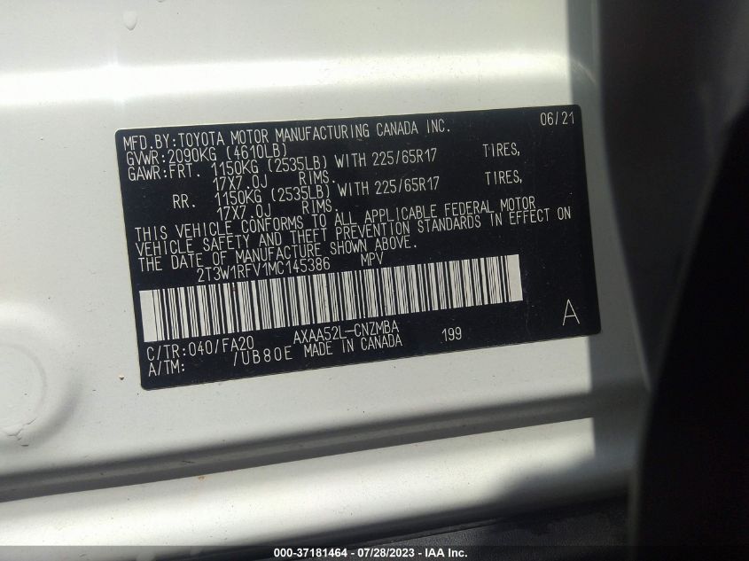 2021 TOYOTA RAV4 XLE - 2T3W1RFV1MC145386