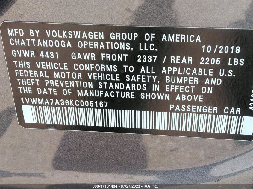 2019 VOLKSWAGEN PASSAT 2.0T SE R-LINE - 1VWMA7A36KC005167