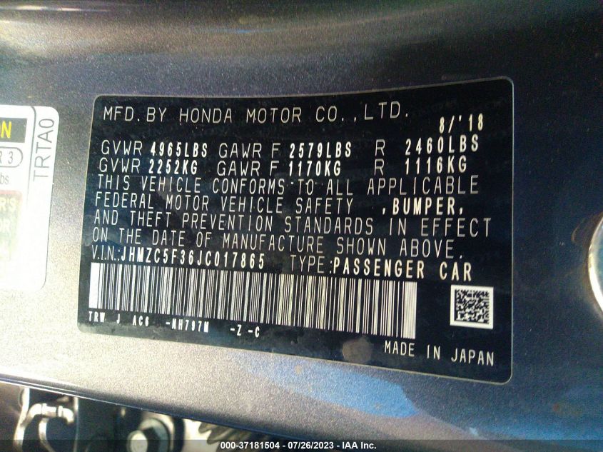 2018 HONDA CLARITY PLUG-IN HYBRID TOURING JHMZC5F36JC017865