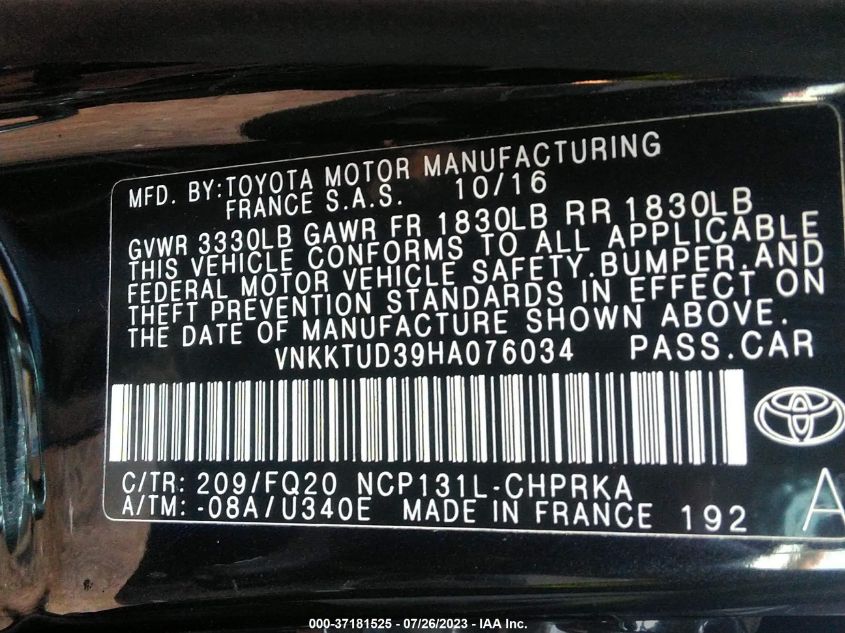 2017 TOYOTA YARIS L/SE/LE - VNKKTUD39HA076034
