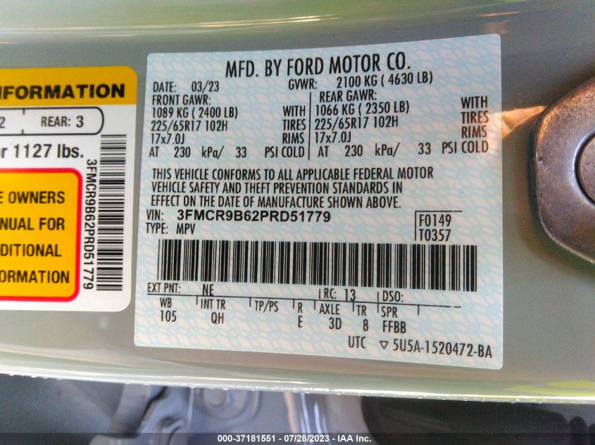 2023 FORD BRONCO SPORT BIG BEND - 3FMCR9B62PRD51779