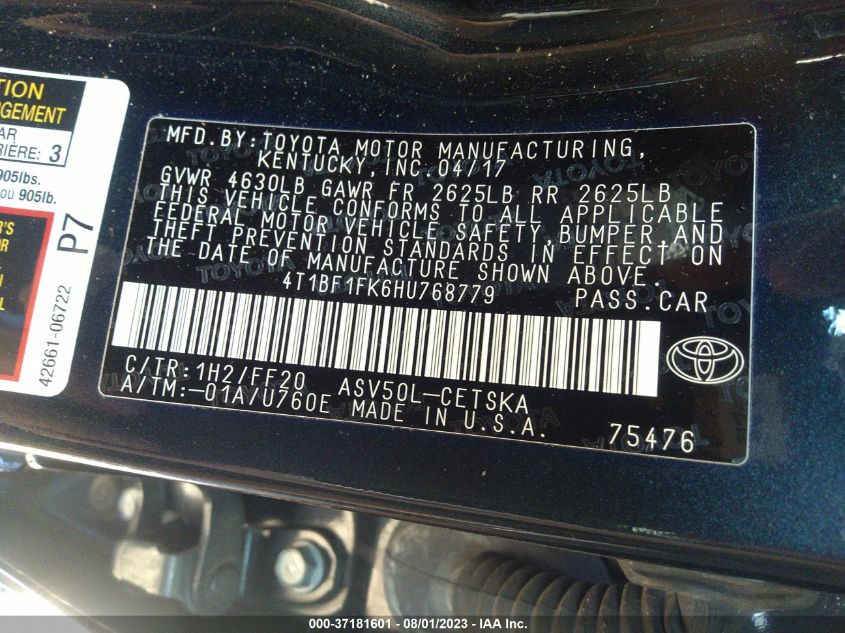 2017 TOYOTA CAMRY XLE/SE/LE/XSE - 4T1BF1FK6HU768779