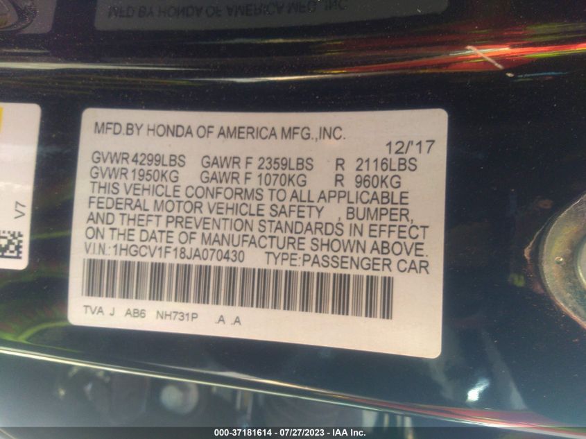 2018 HONDA ACCORD SEDAN LX 1.5T - 1HGCV1F18JA070430