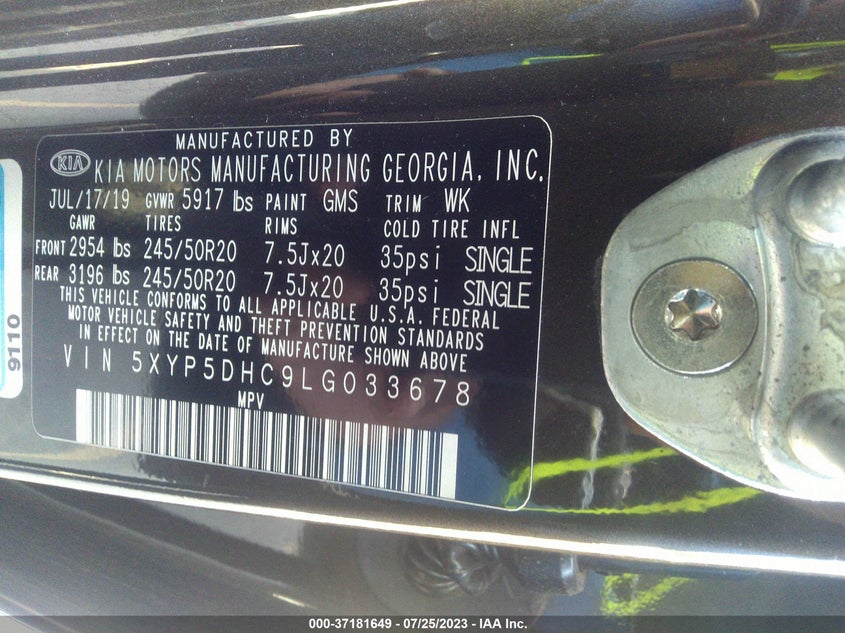 VIN 5XYP5DHC9LG033678 2020 KIA TELLURIDE SX