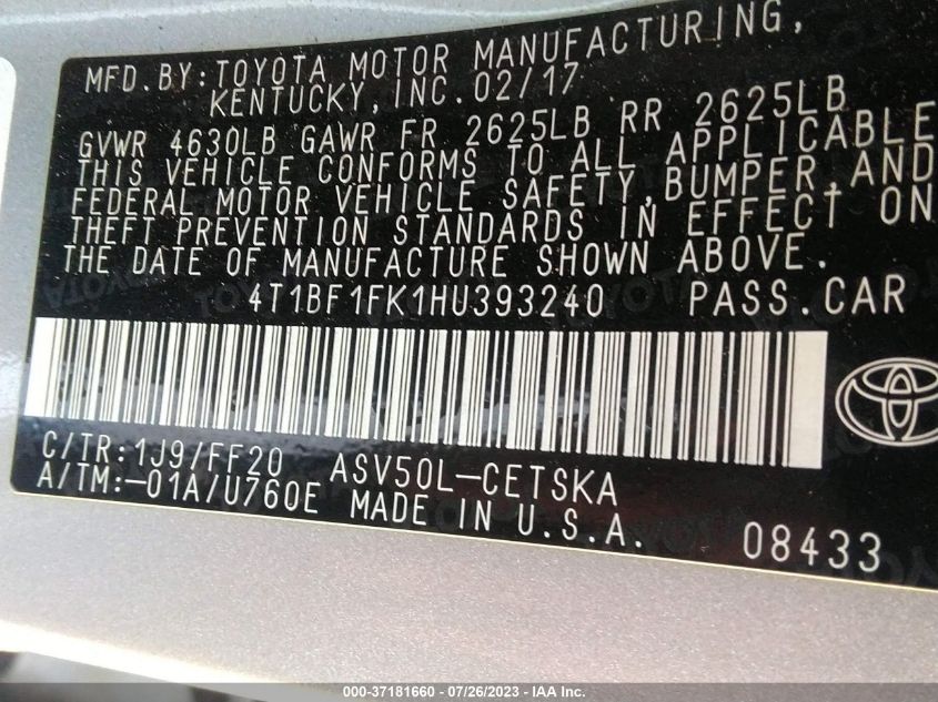 2017 TOYOTA CAMRY LE/XLE/SE/XSE - 4T1BF1FK1HU393240