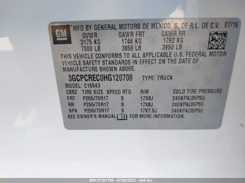 2017 CHEVROLET SILVERADO 1500 LT - 3GCPCREC0HG120708