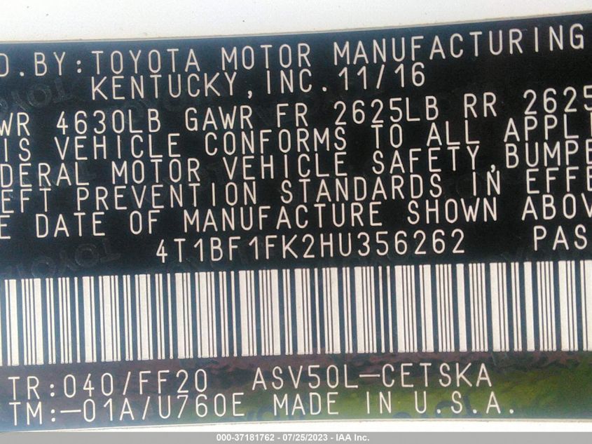 2017 TOYOTA CAMRY XLE/SE/LE/XSE - 4T1BF1FK2HU356262