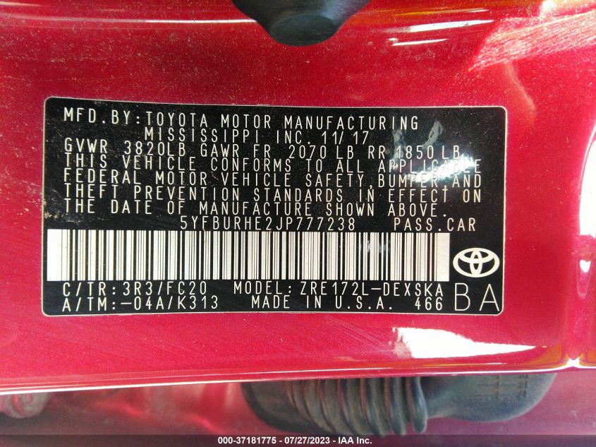 2018 TOYOTA COROLLA L/LE/XLE/SE/XSE - 5YFBURHE2JP777238
